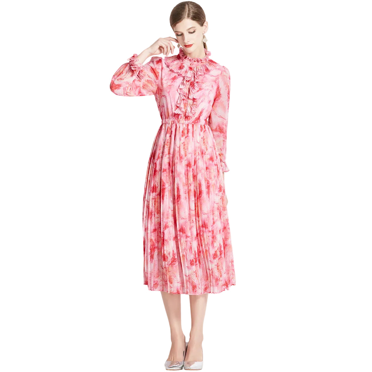 French Floral Chiffon Long Sleeve High Waist Maxi Dress