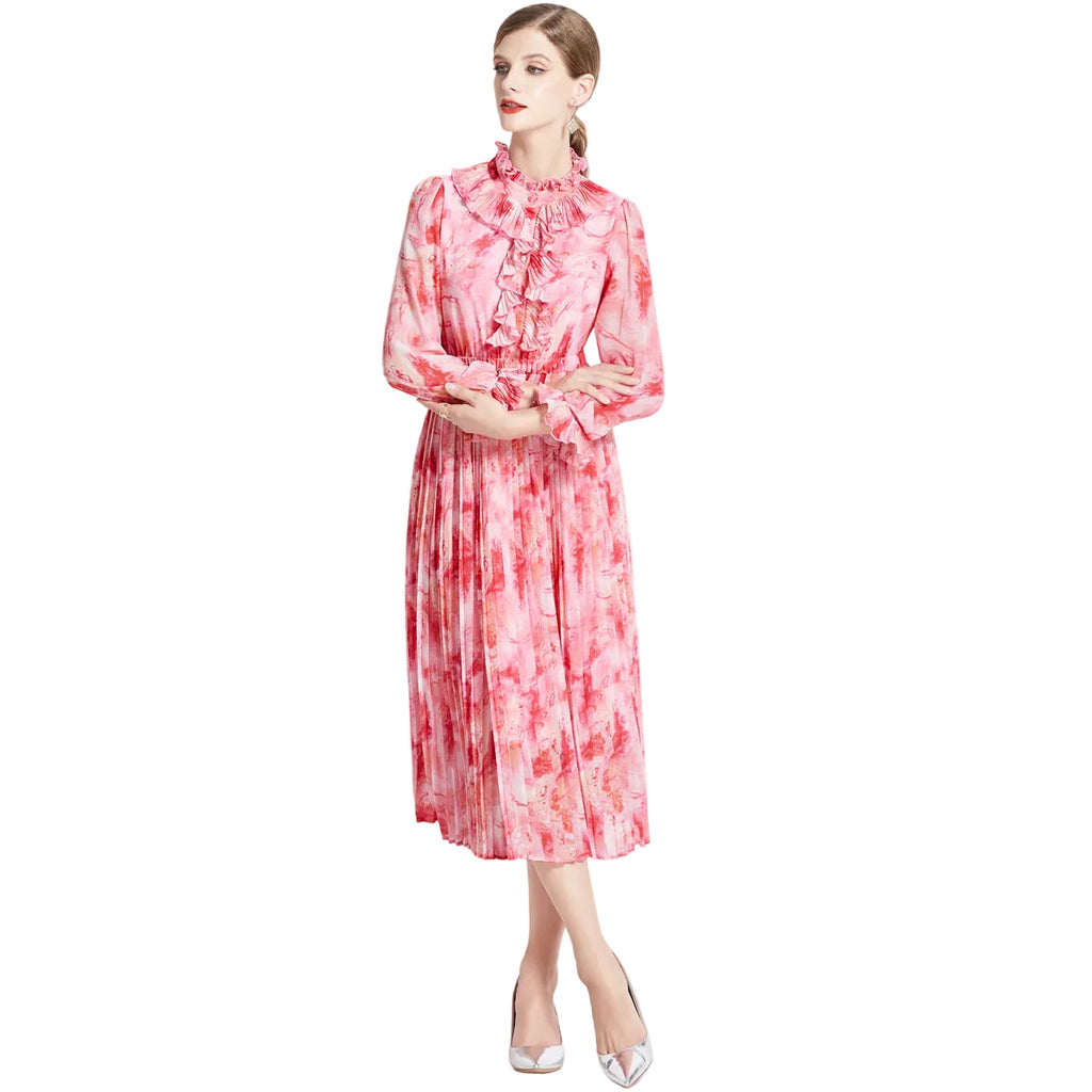 French Floral Chiffon Long Sleeve High Waist Maxi Dress