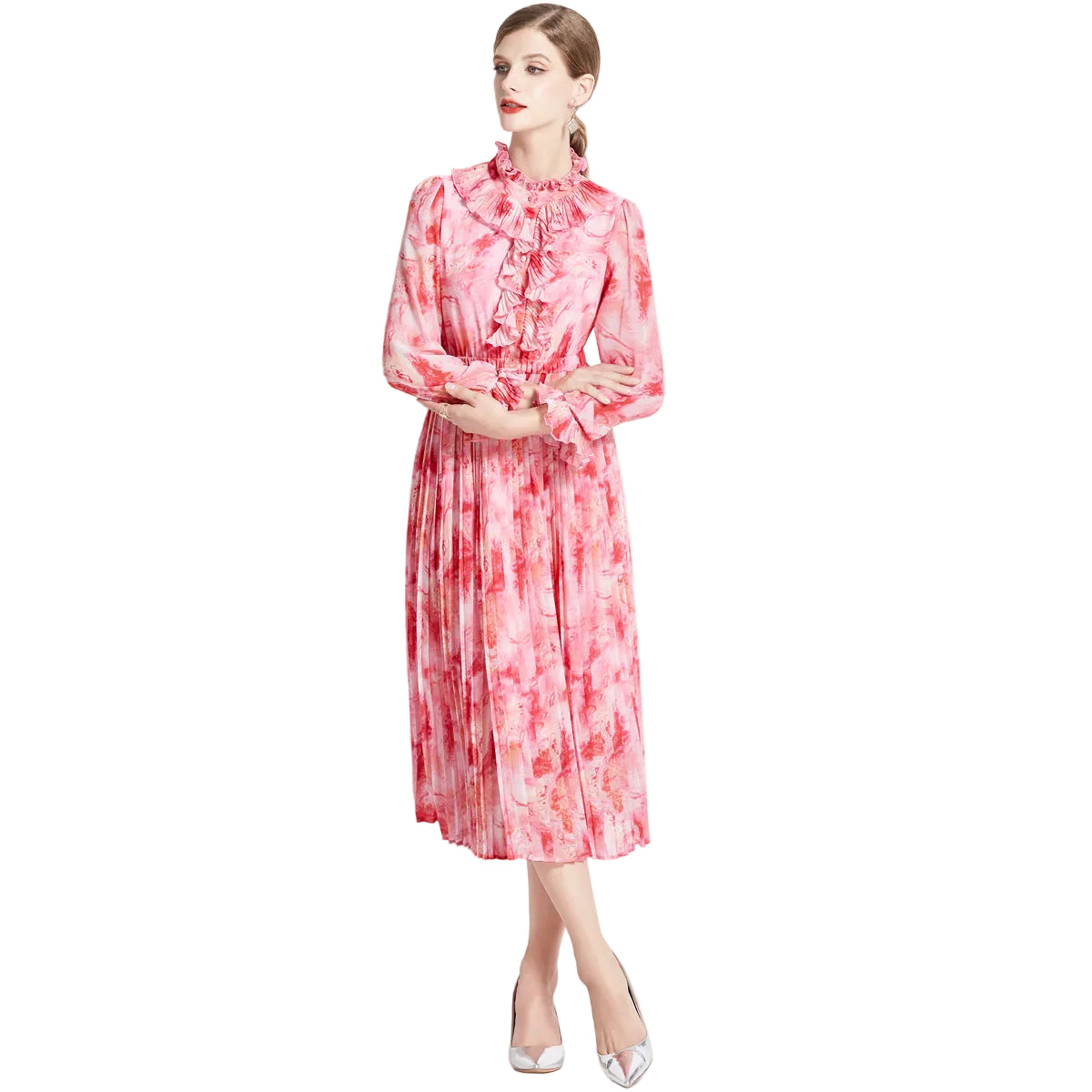 French Floral Chiffon Long Sleeve High Waist Maxi Dress