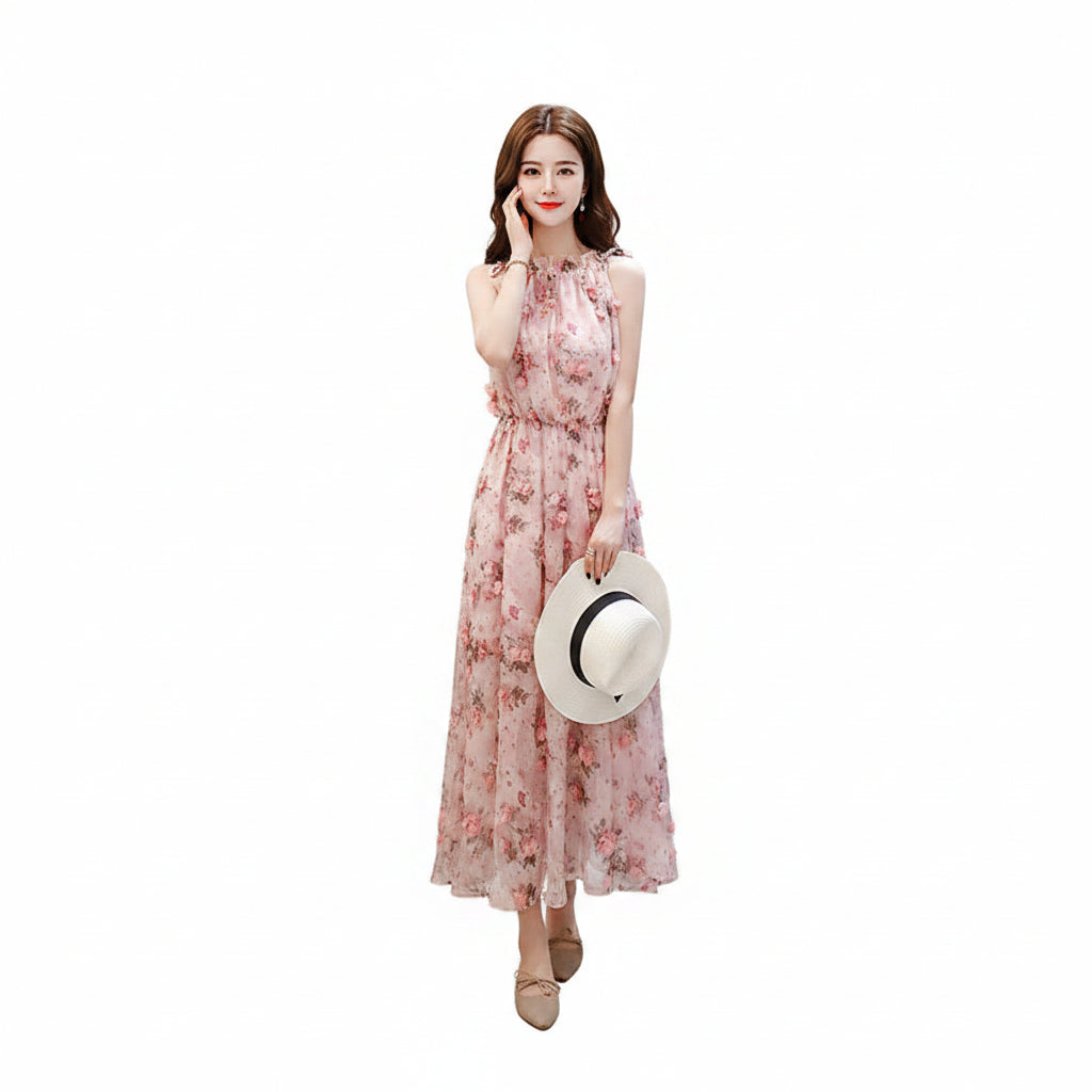 Graceful Sleeveless Suspender Floral Chiffon Dress For Women