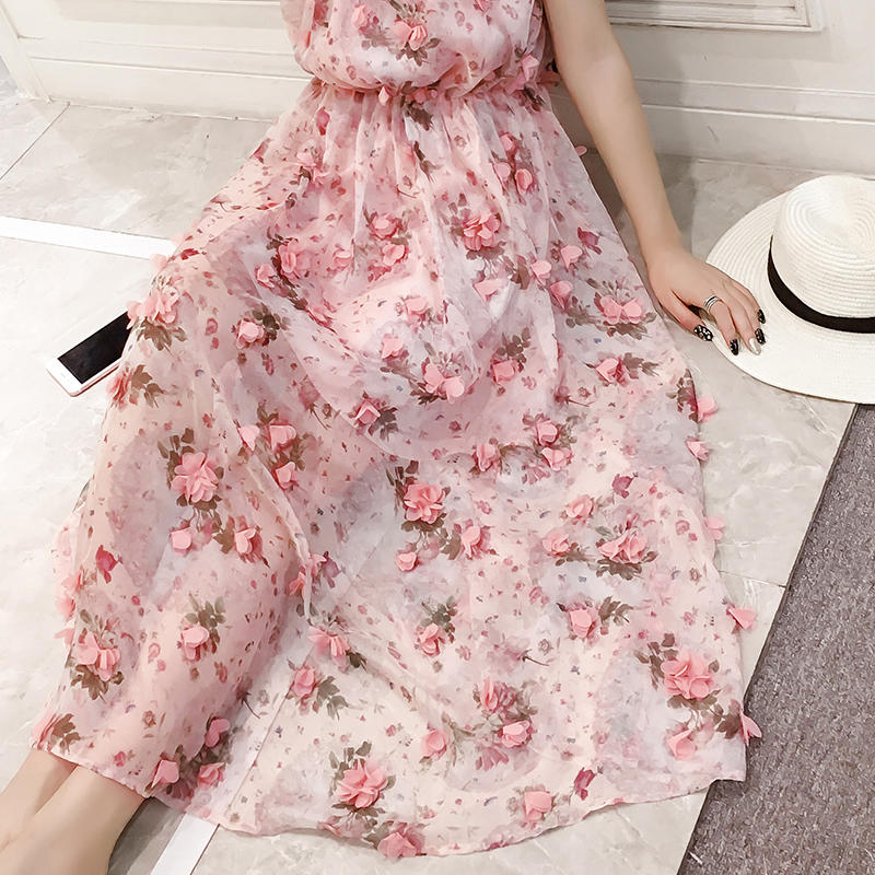 Graceful Sleeveless Suspender Floral Chiffon Dress For Women