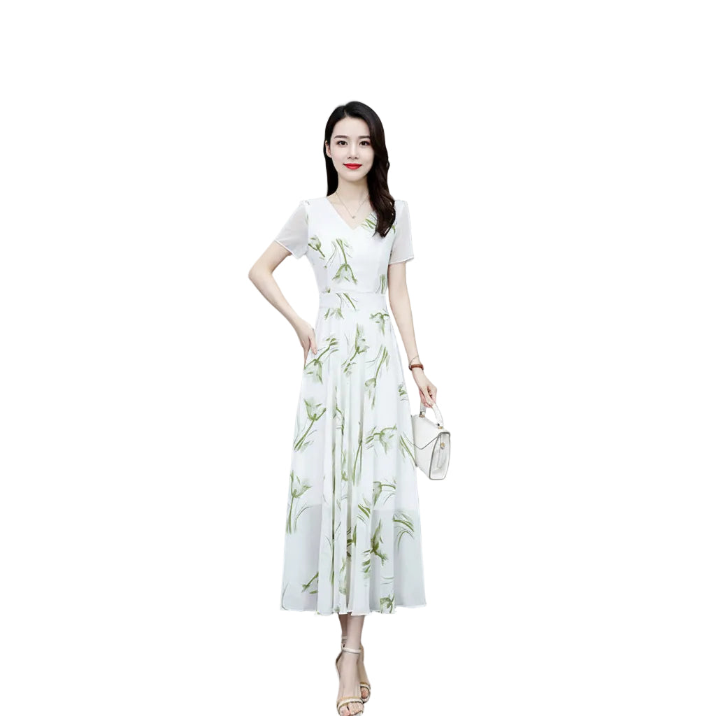 Green Floral Chiffon A-Line High Waist Maxi Dress