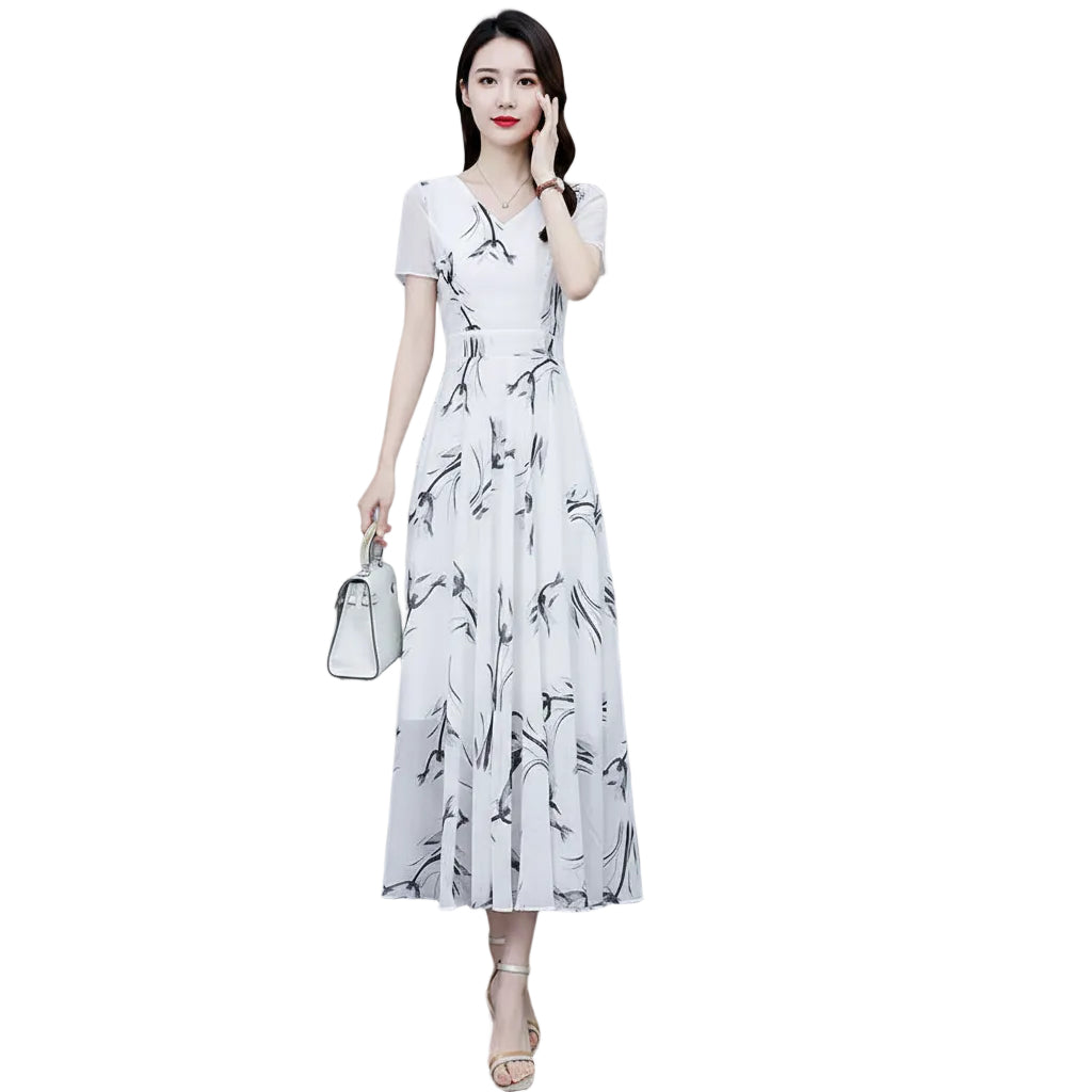 Green Floral Chiffon A-Line High Waist Maxi Dress