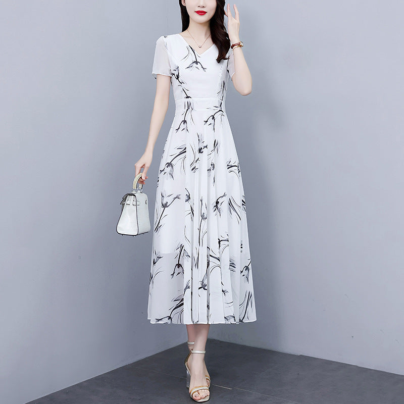 Green Floral Chiffon A-Line High Waist Maxi Dress