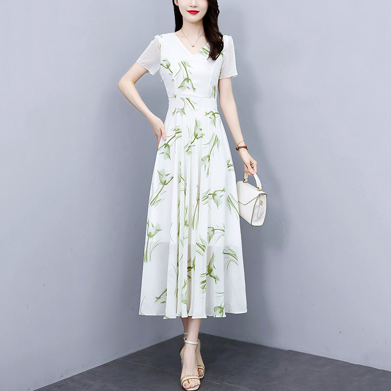 Green Floral Chiffon A-Line High Waist Maxi Dress
