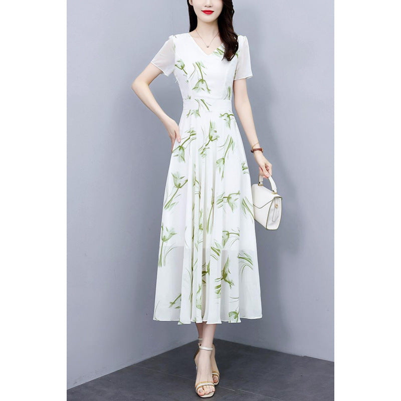 Green Floral Chiffon A-Line High Waist Maxi Dress