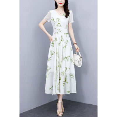 Green Floral Chiffon A-Line High Waist Maxi Dress