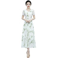 Green Floral Chiffon A-Line High Waist Maxi Dress