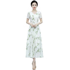 Green Floral Chiffon A-Line High Waist Maxi Dress