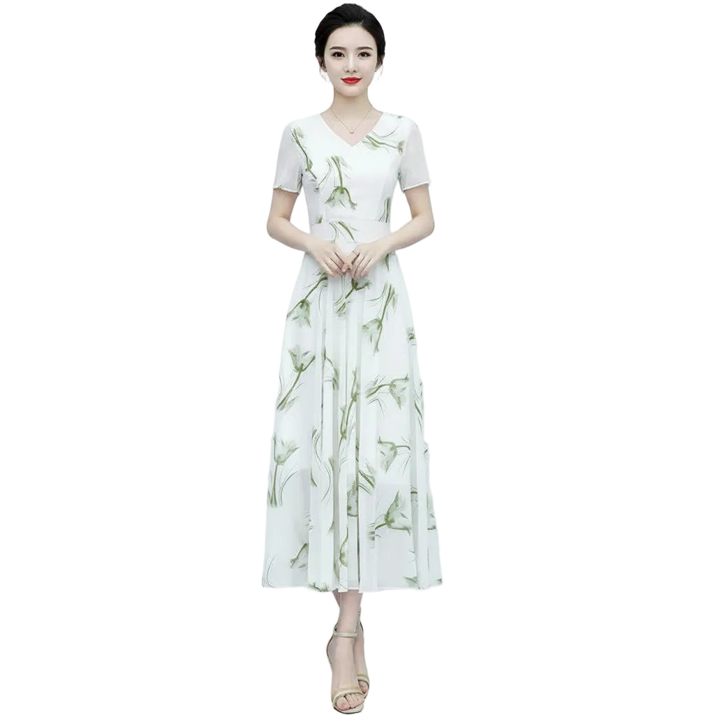 Green Floral Chiffon A-Line High Waist Maxi Dress