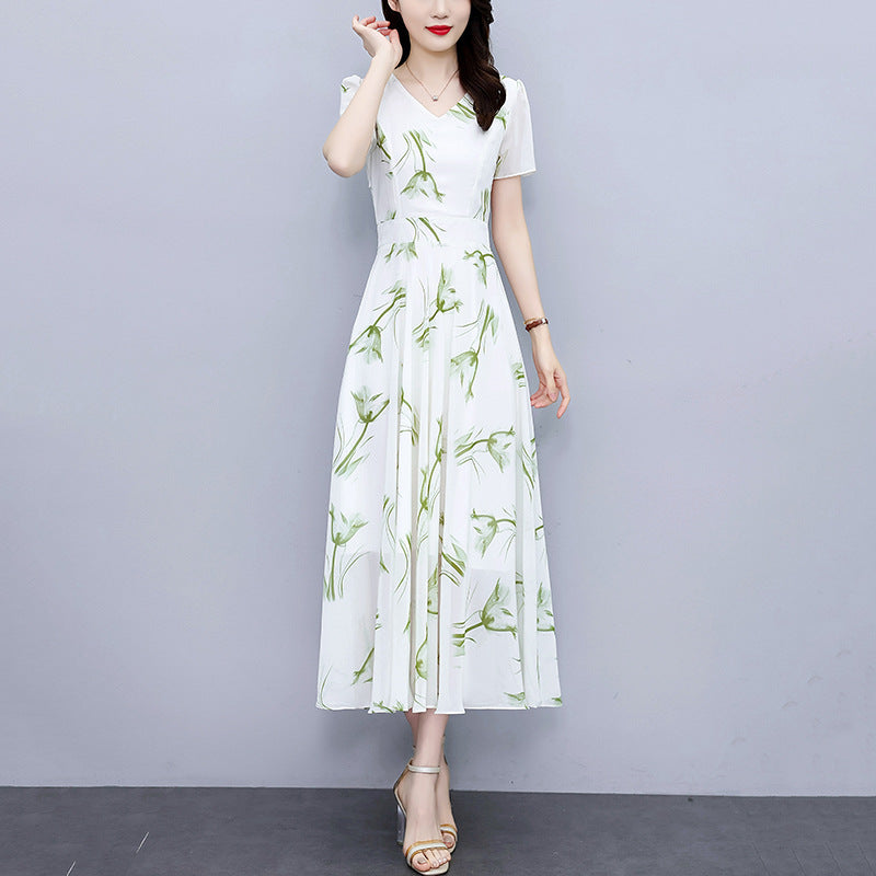 Green Floral Chiffon A-Line High Waist Maxi Dress