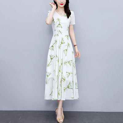 Green Floral Chiffon A-Line High Waist Maxi Dress