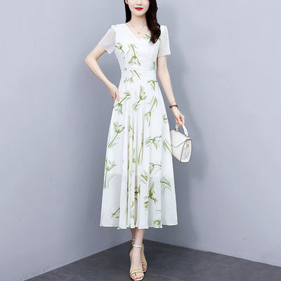 Green Floral Chiffon A-Line High Waist Maxi Dress