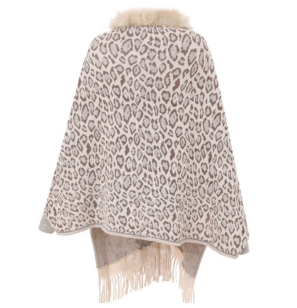 Women's Leopard Print Faux Fur Shawl with Tassels – Elegant Winter Wrap