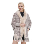 Women's Leopard Print Faux Fur Shawl with Tassels – Elegant Winter Wrap
