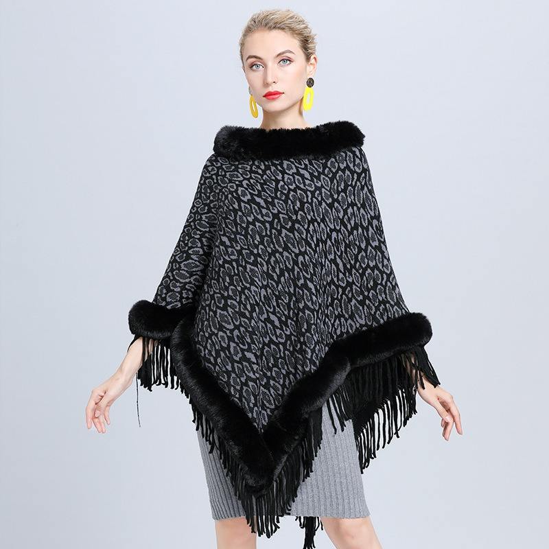 Women's Leopard Print Fur Poncho with Fringed Hem – Edinburgh-Inspired Winter Fashion