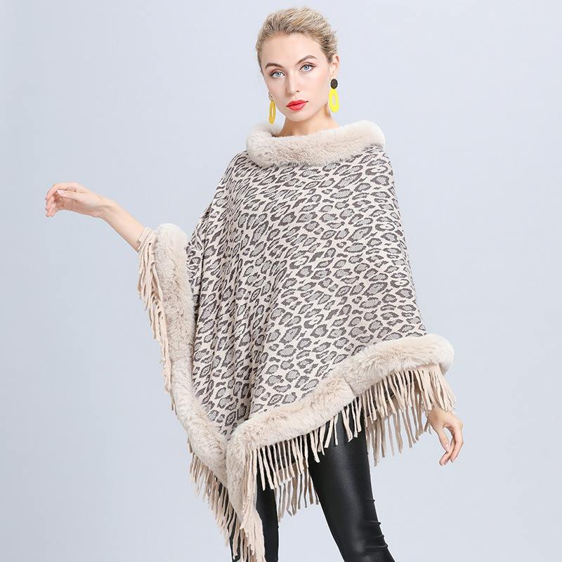 Women's Leopard Print Fur Poncho with Fringed Hem – Edinburgh-Inspired Winter Fashion