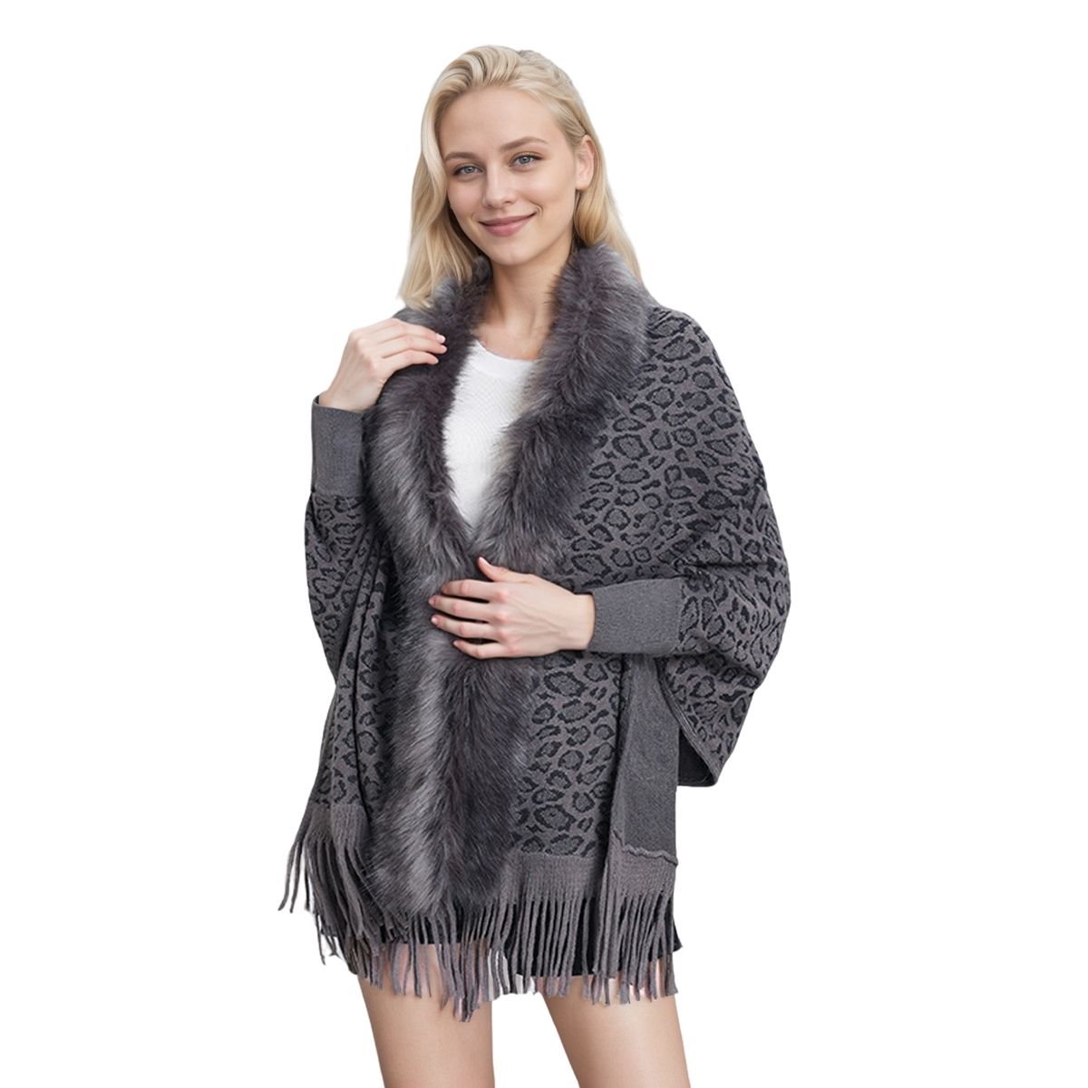 Women's Leopard Print Faux Fur Shawl with Tassels – Elegant Winter Wrap