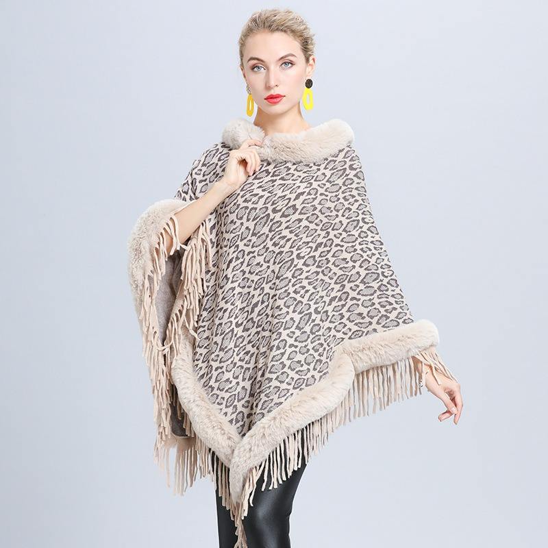 Women's Leopard Print Fur Poncho with Fringed Hem – Edinburgh-Inspired Winter Fashion