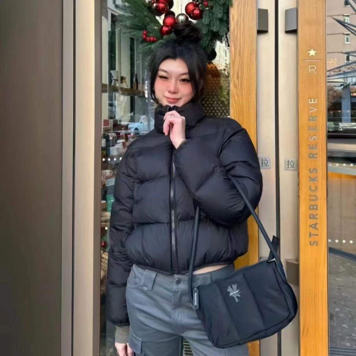 Hot Selling Women Winter Puffer Jacket Wear Zipper Jacket Stand Collar Warm Lady Solid Color