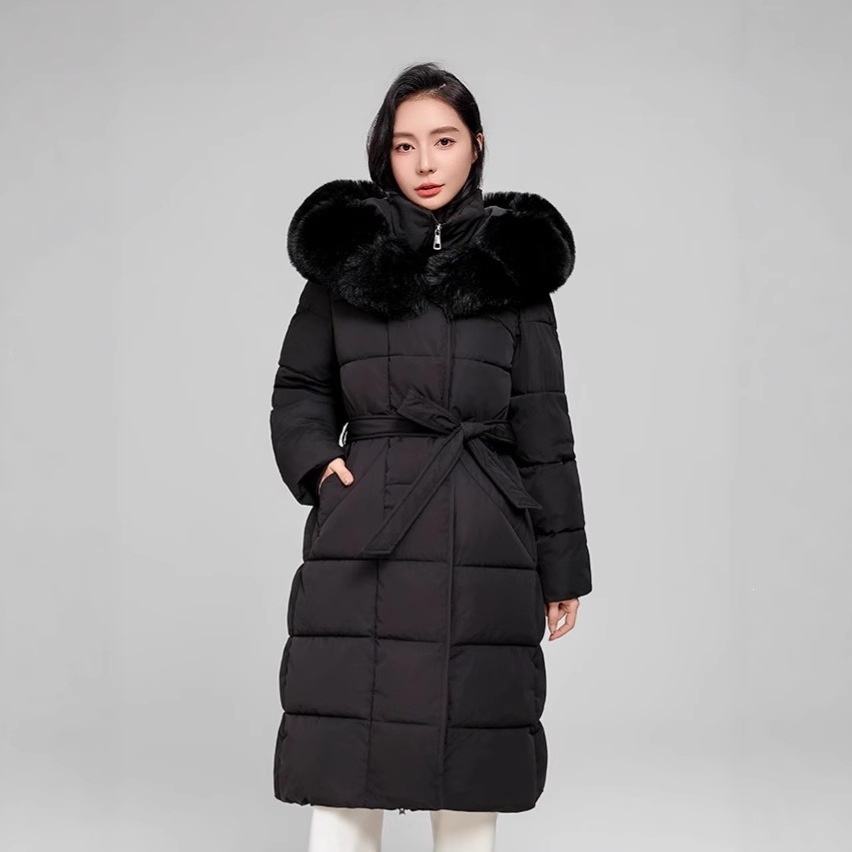 Women's Long Puffer Winter Coat with Faux Fur Hood – Quilted Padded Jacket
