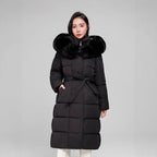 Women's Long Puffer Winter Coat with Faux Fur Hood – Quilted Padded Jacket