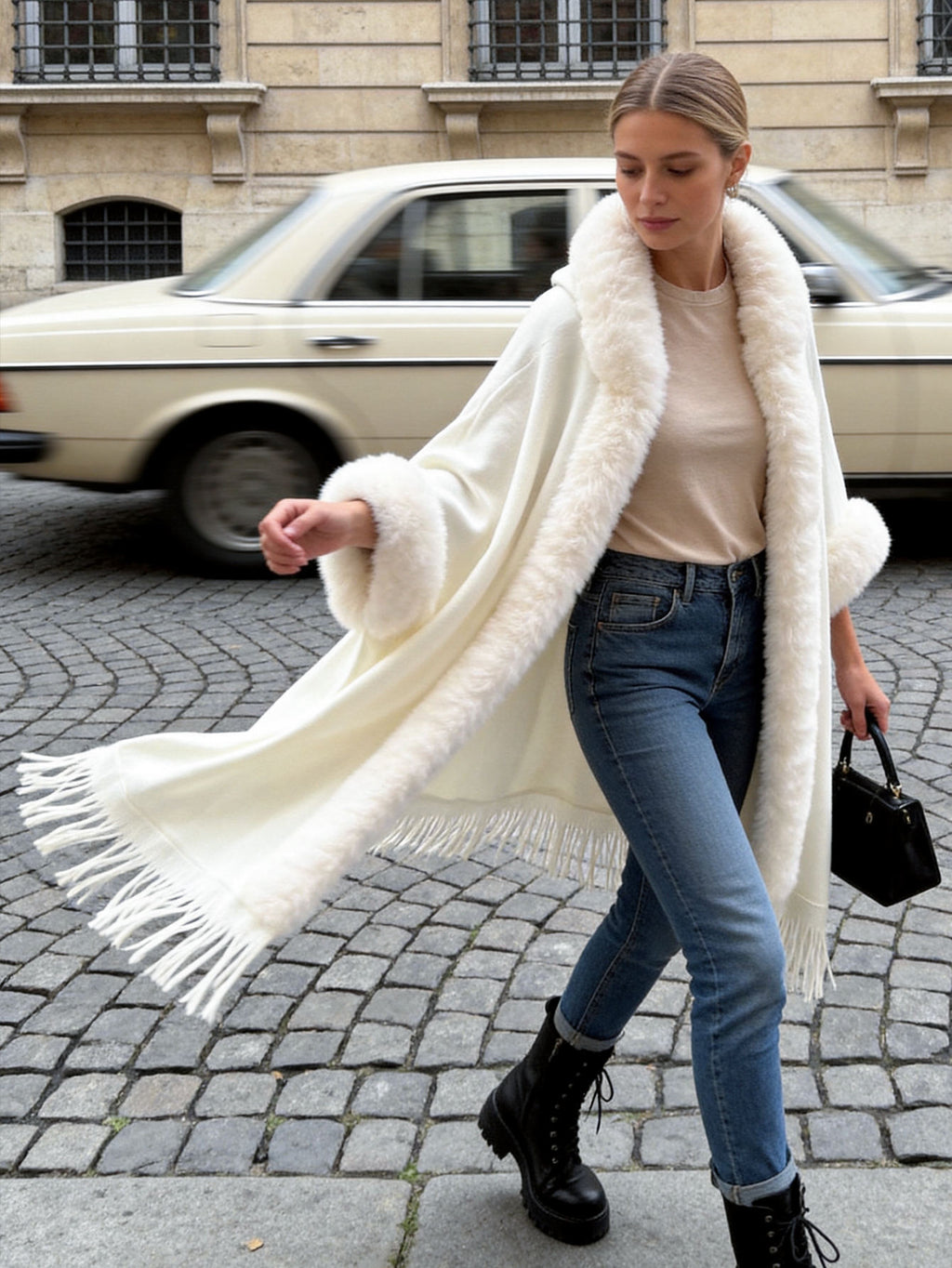 Hot Selling Women's Hooded Winter Cape with Faux Fur Trim – Elegant Poncho Coat Edinburgh Style