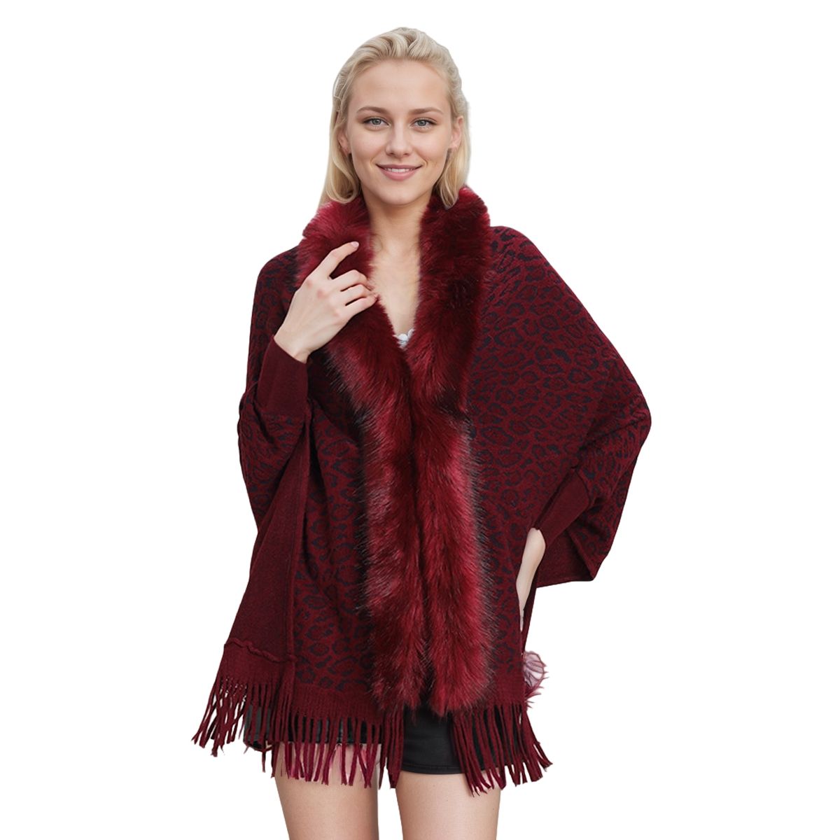 Women's Leopard Print Faux Fur Shawl with Tassels – Elegant Winter Wrap