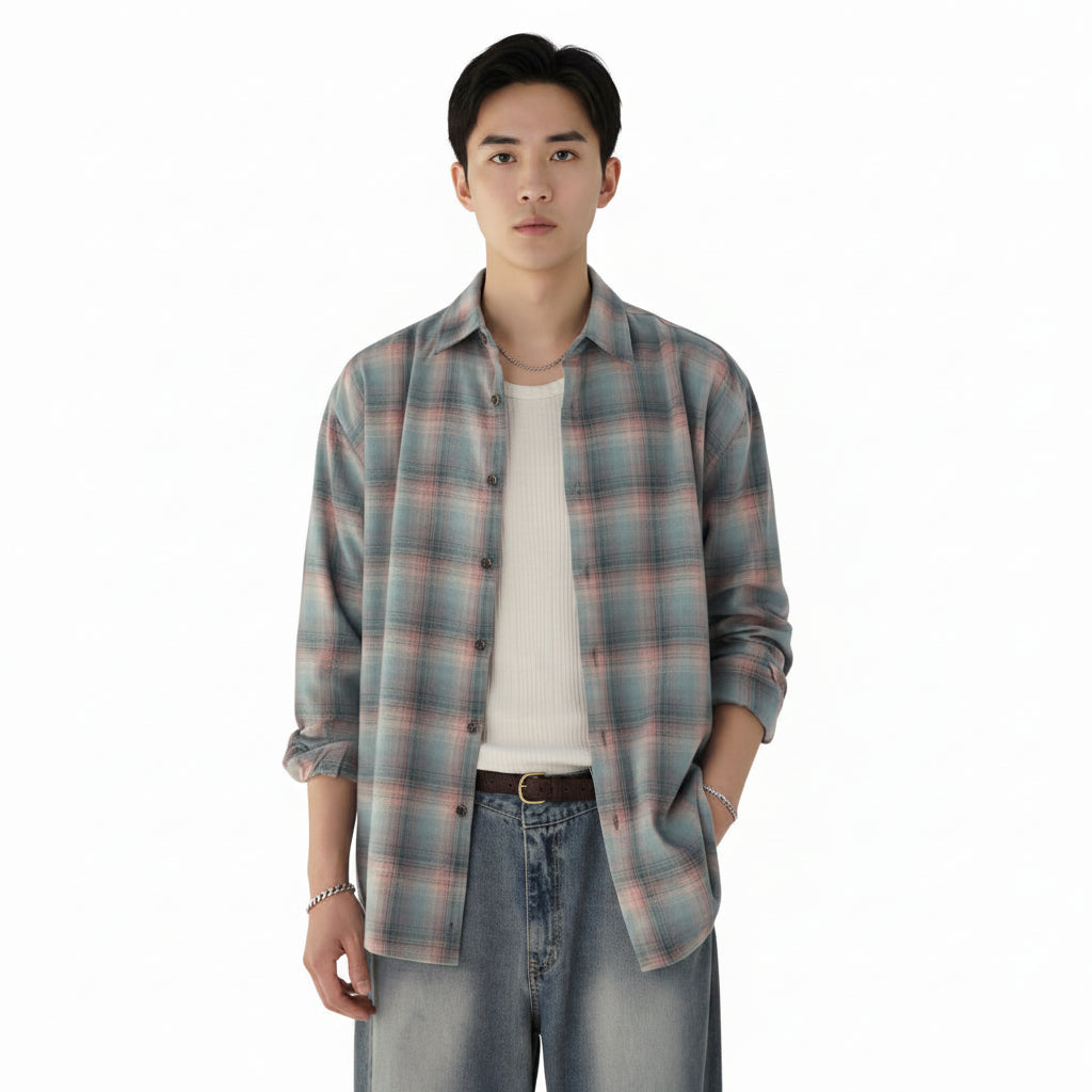 Modern Color-contrast Check Long Sleeve Shirt For Men