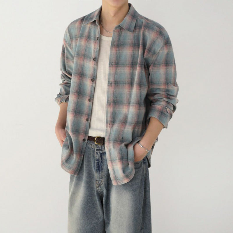 Modern Color-contrast Check Long Sleeve Shirt For Men