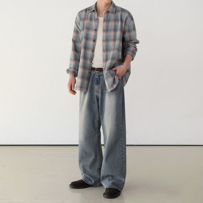 Modern Color-contrast Check Long Sleeve Shirt For Men