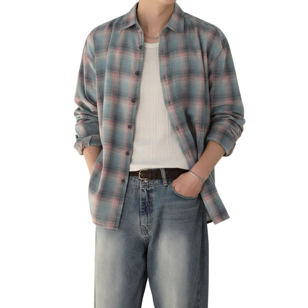 Modern Color-contrast Check Long Sleeve Shirt For Men