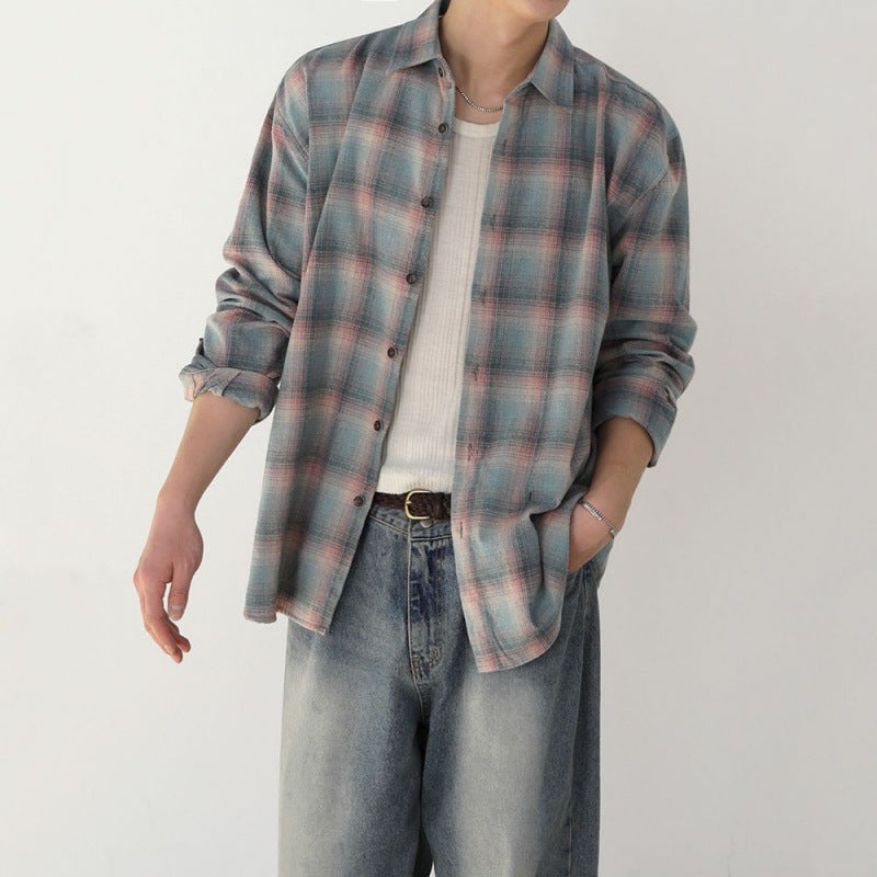 Modern Color-contrast Check Long Sleeve Shirt For Men