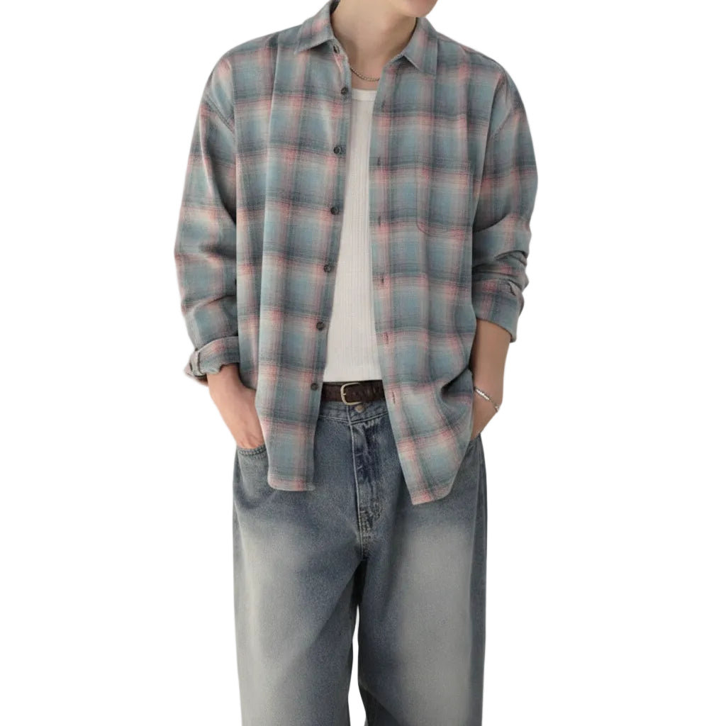 Modern Color-contrast Check Long Sleeve Shirt For Men