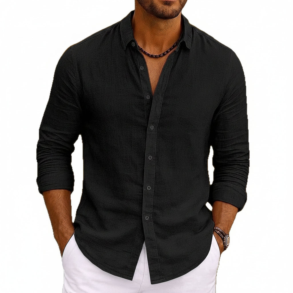 Relaxed Solid-color Bamboo-viscose Long-sleeve Shirt For Men