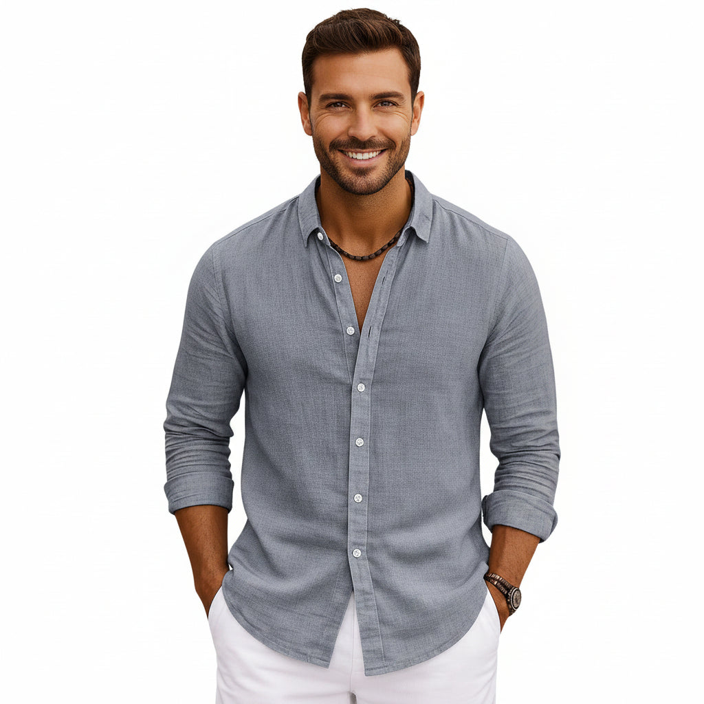 Relaxed Solid-color Bamboo-viscose Long-sleeve Shirt For Men