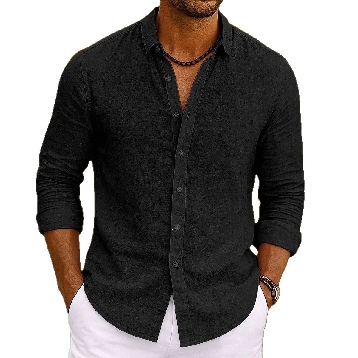 Relaxed Solid-color Bamboo-viscose Long-sleeve Shirt For Men