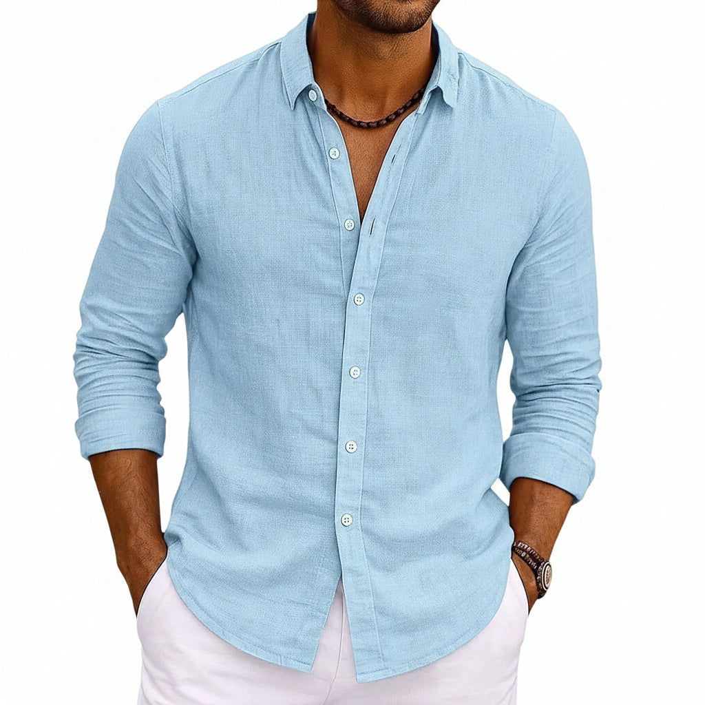 Relaxed Solid-color Bamboo-viscose Long-sleeve Shirt For Men