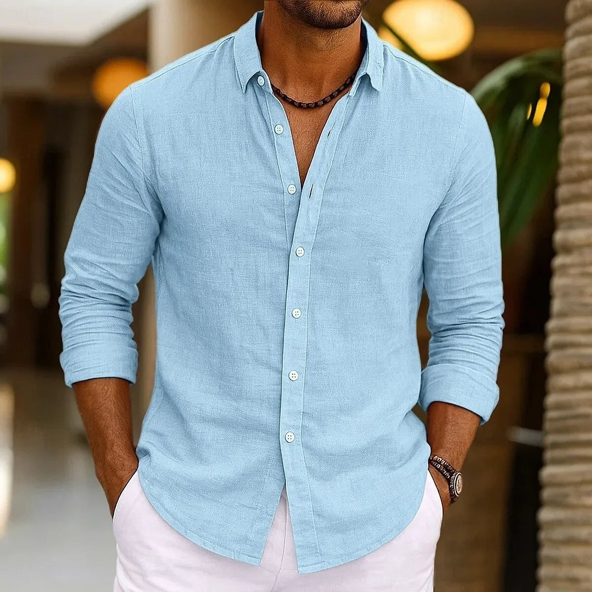 Relaxed Solid-color Bamboo-viscose Long-sleeve Shirt For Men