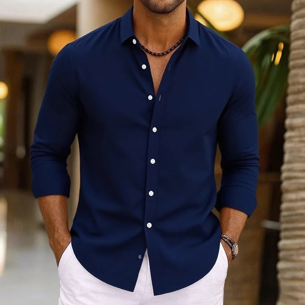 Relaxed Solid-color Bamboo-viscose Long-sleeve Shirt For Men