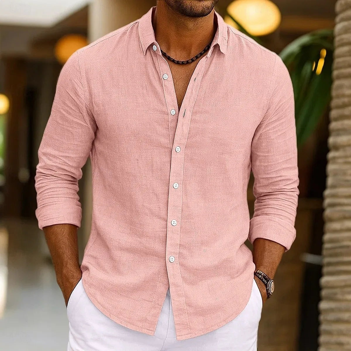 Relaxed Solid-color Bamboo-viscose Long-sleeve Shirt For Men