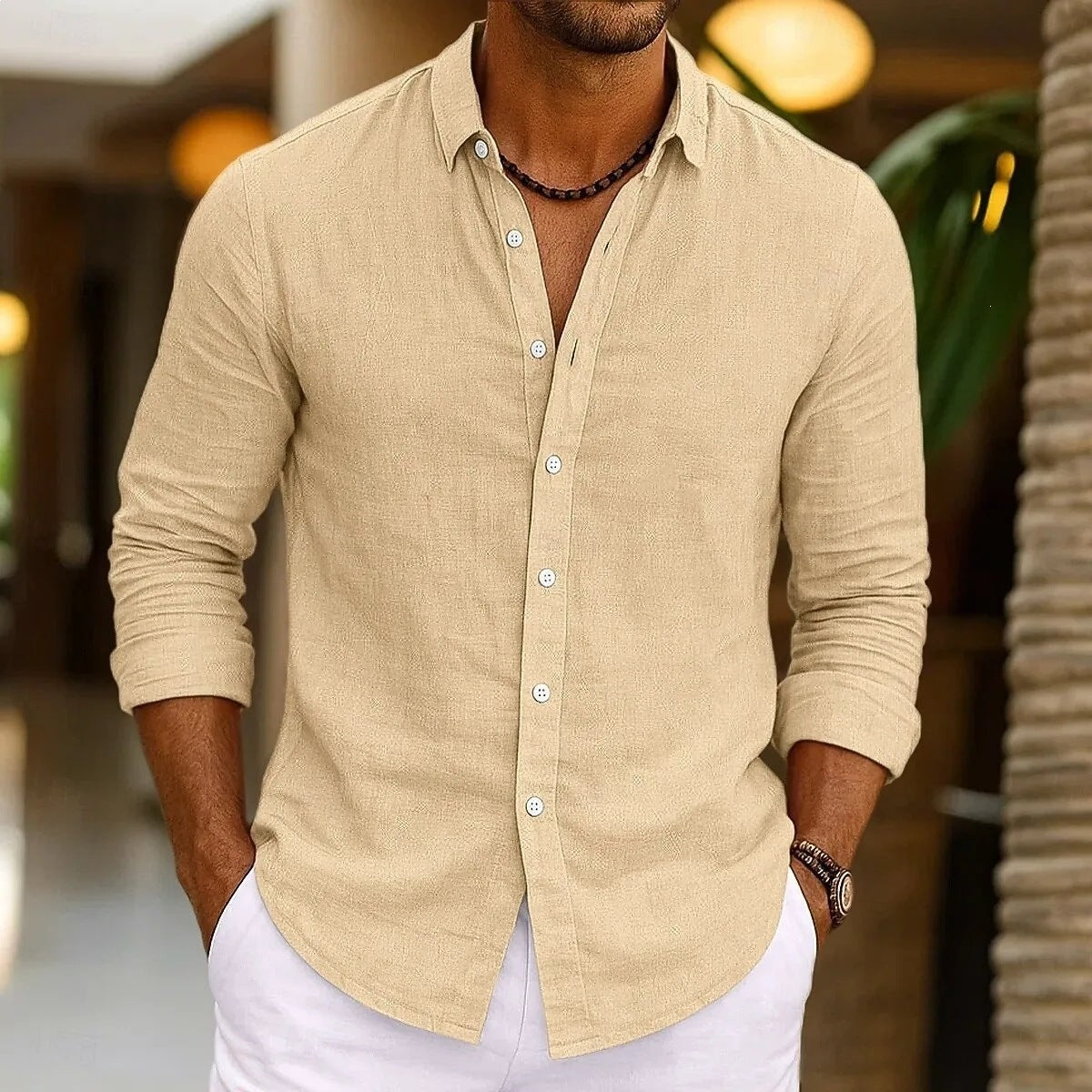 Relaxed Solid-color Bamboo-viscose Long-sleeve Shirt For Men