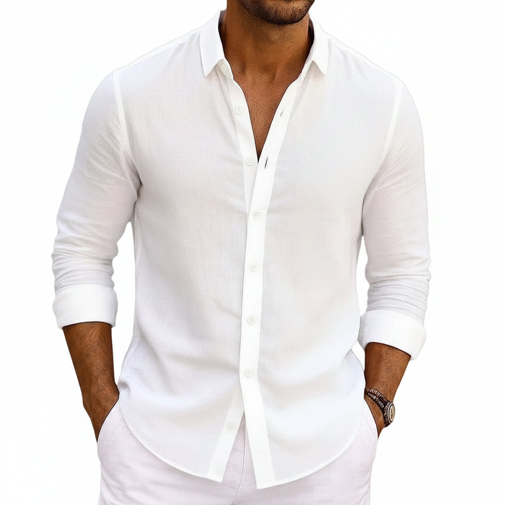 Relaxed Solid-color Bamboo-viscose Long-sleeve Shirt For Men