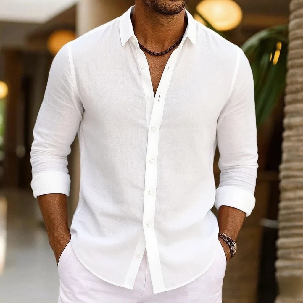 Relaxed Solid-color Bamboo-viscose Long-sleeve Shirt For Men