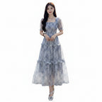 Retro Square Neck Floral A-Line Midi Dress for Women