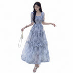 Retro Square Neck Floral A-Line Midi Dress for Women