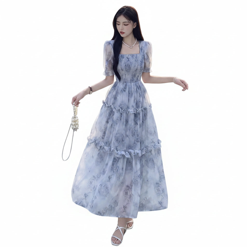 Retro Square Neck Floral A-Line Midi Dress for Women