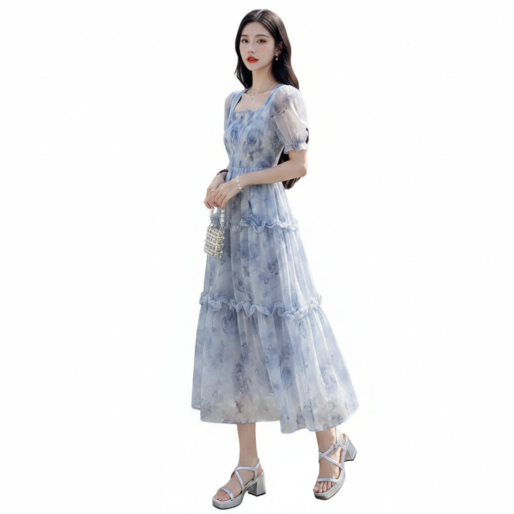 Retro Square Neck Floral A-Line Midi Dress for Women