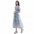 Retro Square Neck Floral A-Line Midi Dress for Women