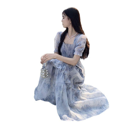 Retro Square Neck Floral A-Line Midi Dress for Women